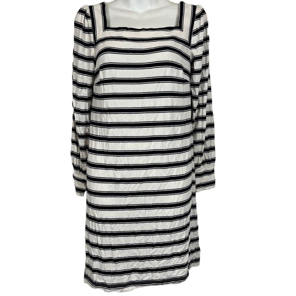 Ann Taylor Loft White Black Striped Long Sleeve Square Neck Knit Dress sz S
